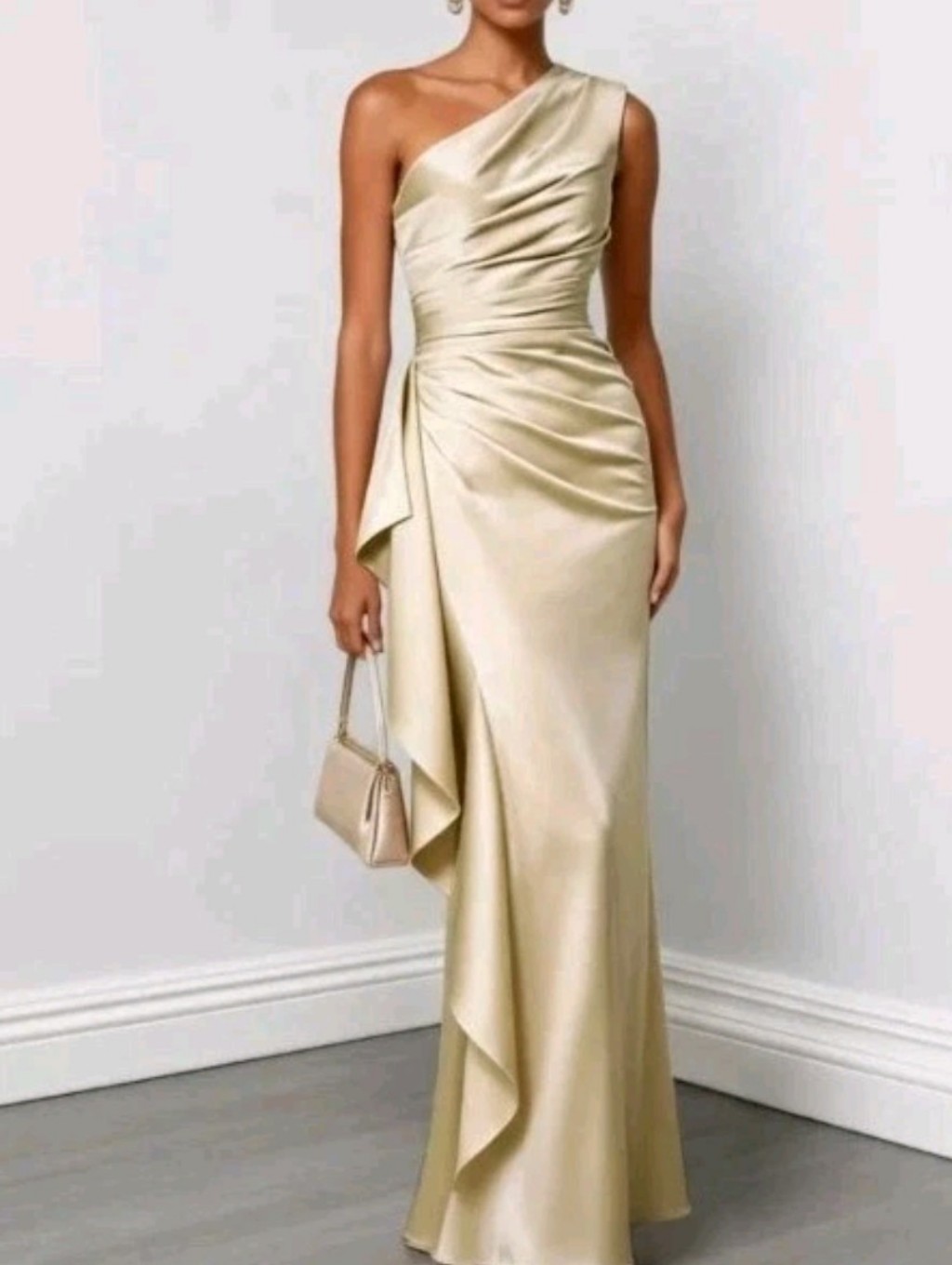 Fehaute Champagne Ruffled Ruched Satin One Shoulder Sleeveless Dress Size 2